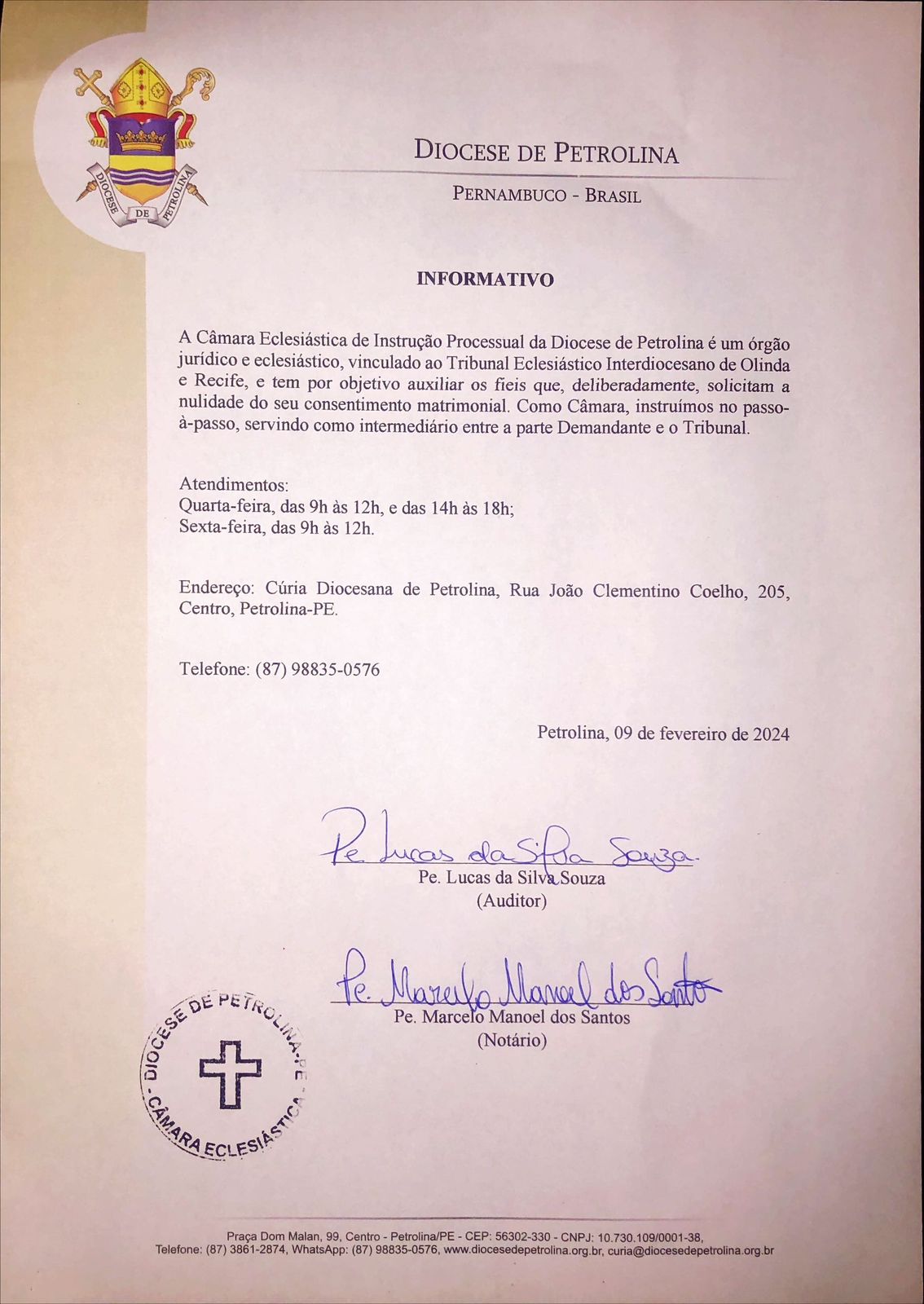 Informativo sobre o funcionamento da Câmara Eclesiástica de Instrução Processual da Diocese de Petrolina